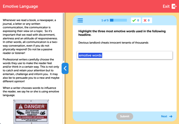 Emotive language grammar activity