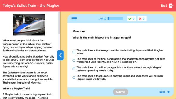 A digital educational platform shows a lesson about Tokyo's Bullet Train
