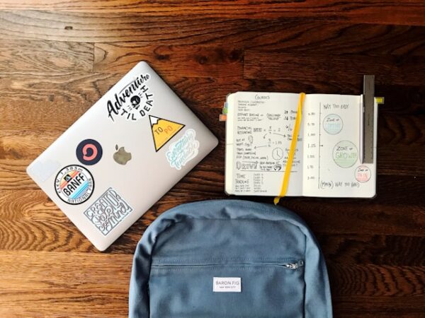 School utensils on table.